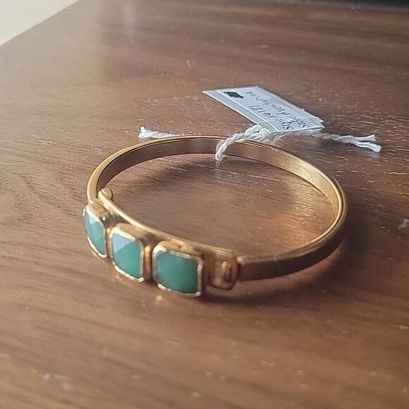 NWT Janna Conner Green Aventurine 18kt Gold Bracelet Good Luck Cuff Bangle NEW - Picture 2 of 14